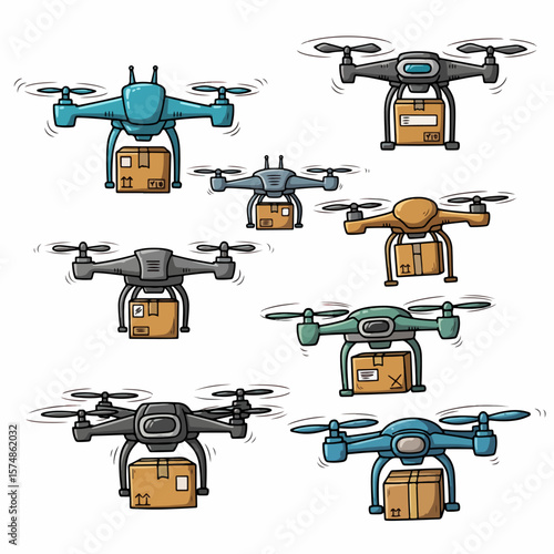 Delivery drones carrying packages, modern logistics concept