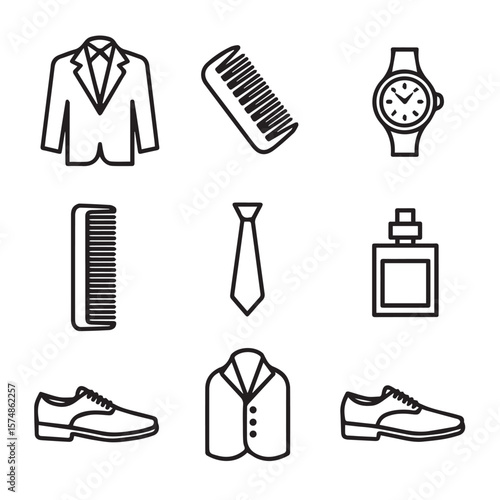 A collection of icons representing mens fashion and grooming essentials, including a suit, tie, shoes, watch, comb, and cologne