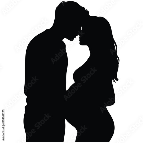 Black and white silhouette vector of father holding baby shoes beside pregnant mother’s belly in emotional family scene