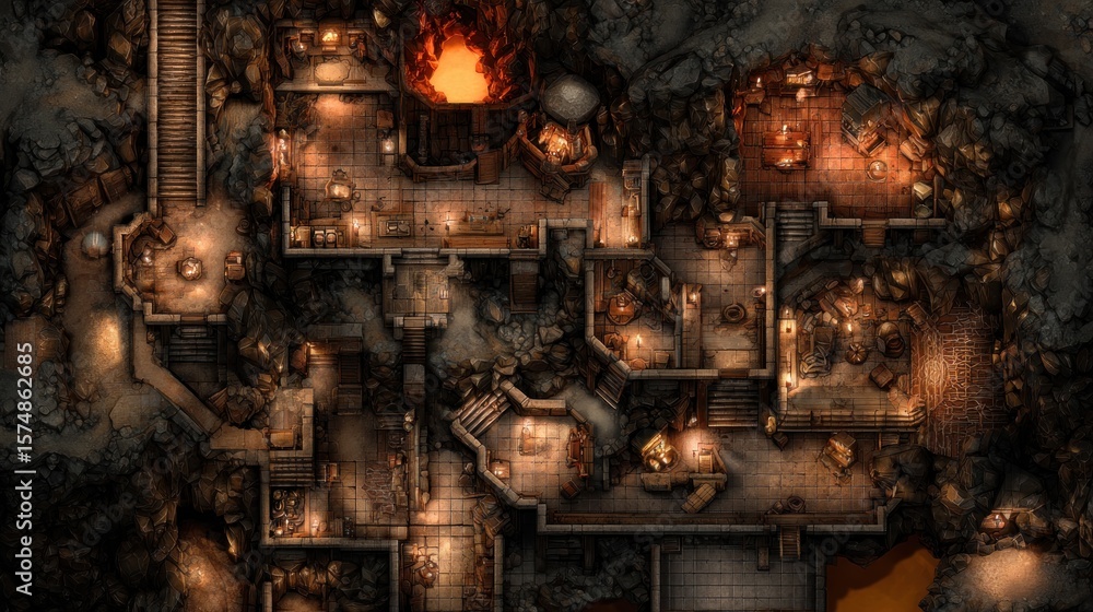 Fototapeta premium Top-down view of a subterranean complex with multiple rooms, lit by fires and lamps