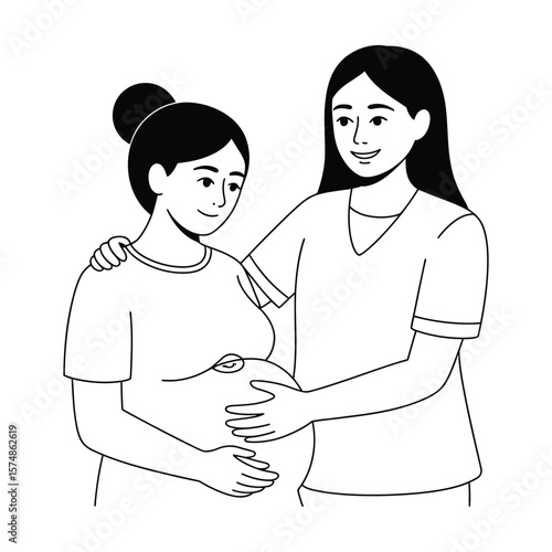 Black and white silhouette vector of healthcare worker assisting pregnant woman in supportive maternity care setting