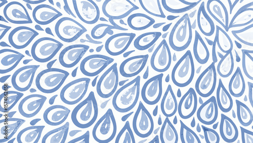 Blue teardrop pattern with varying sizes and shades on a white background creating a dynamic design