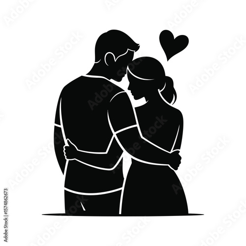 Black and white silhouette vector of husband embracing wife from behind in a loving pose with heart above on minimalist background