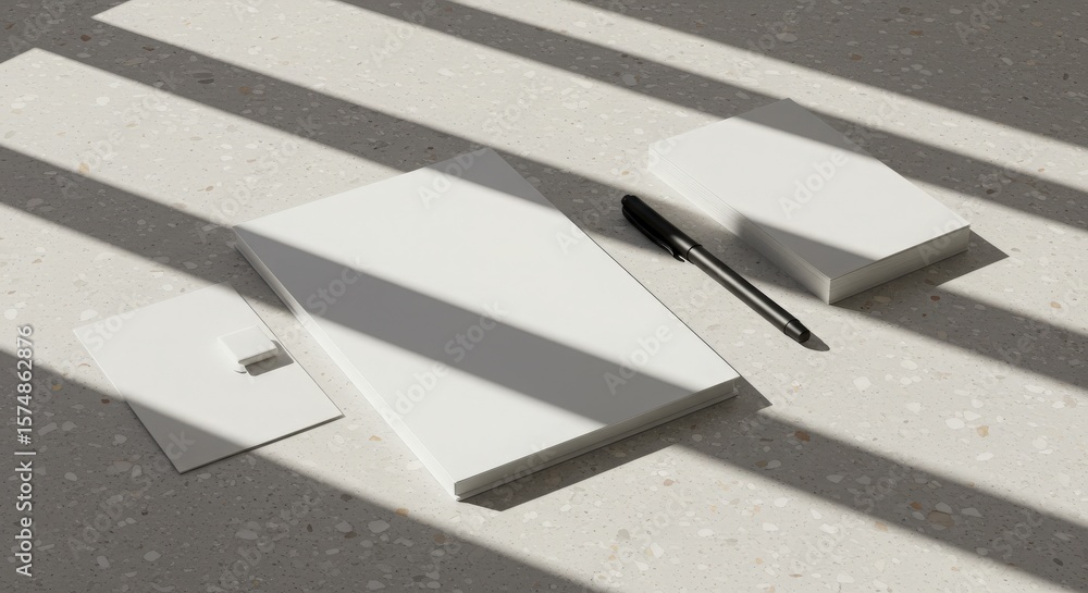 Fototapeta premium Minimalistic Workspace with Blank Notebooks and Black Pen in Sunlight