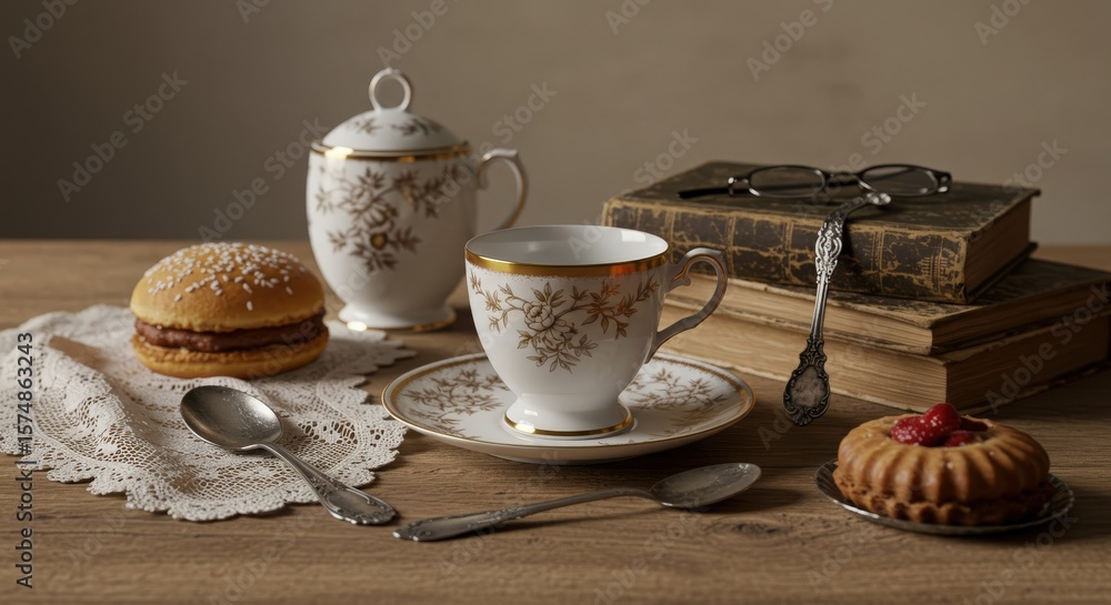 Fototapeta premium Elegant tea service with pastries on a rustic wooden table setting