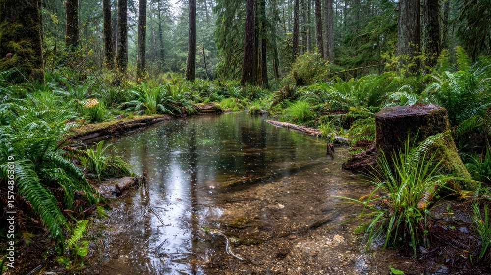 Obraz premium Tranquil rainforest scene with a small stream reflecting the sky, surrounded by lush vegetation and old tree stumps