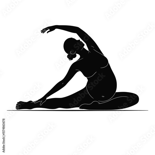 Black and white silhouette vector of pregnant woman performing gentle prenatal stretch with flower accent symbolizing calm and care