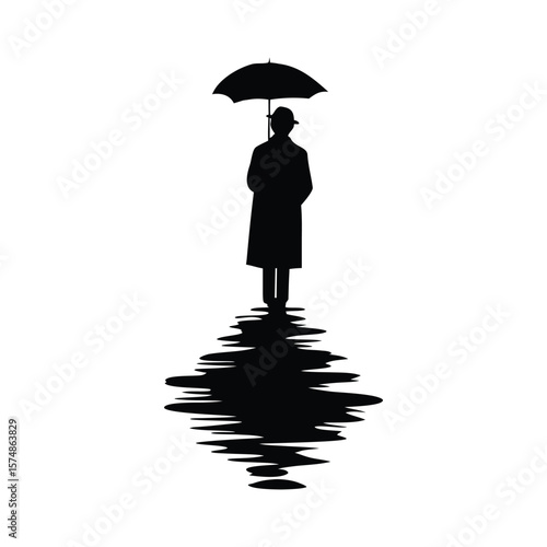 Businessman in a suit holding an umbrella, symbolizing protection and success in adverse weather Vector art icon silhouette of a man wearing a hat and raincoat, holding an umbrella with a visible