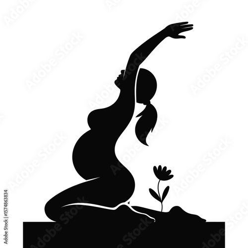 Black and white silhouette vector of pregnant woman performing gentle prenatal stretch with flower accent symbolizing calm and care