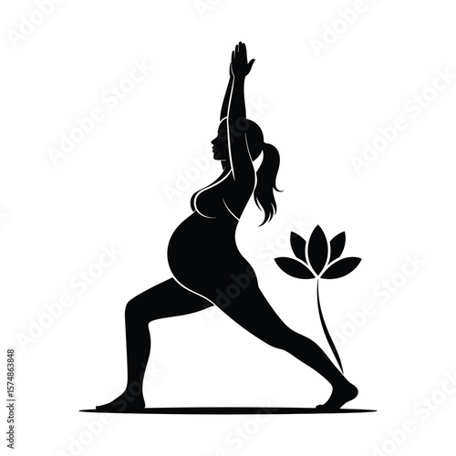 Black and white silhouette vector of pregnant woman performing Warrior Two yoga pose with lotus flower symbolizing balance and strength