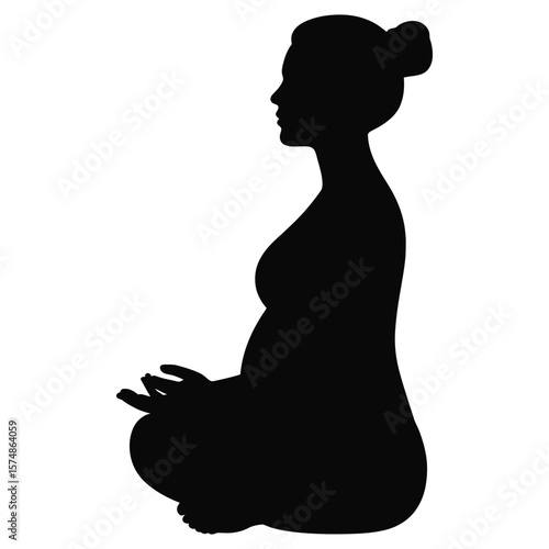Black and white silhouette vector of pregnant woman sitting cross-legged during a prenatal breathing or meditation session