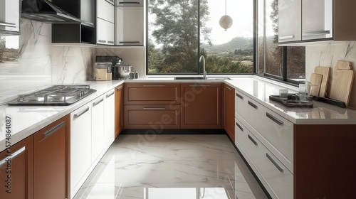 Modern L-shaped kitchen with wood and teal cabinets, marble backsplash, built-in oven, and large windows offering a scenic outdoor view. Sleek, stylish, and bright interior design.