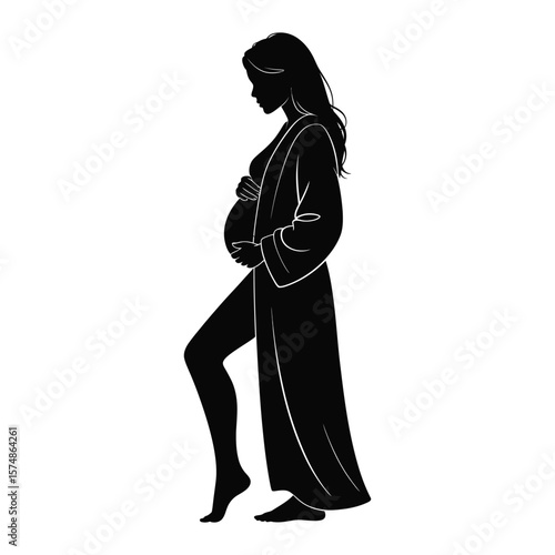 Black and white silhouette vector of woman in long robe holding pregnant belly in minimalist fashion pose