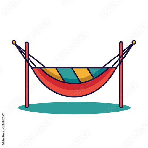Colorful hammock resting between two posts on a white background
