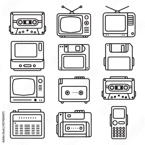 A grid of line art icons featuring vintage technology such as cassette tapes, televisions, floppy disks, and a walkietalkie