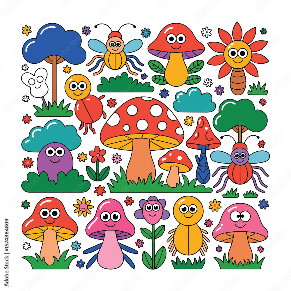 Naklejka premium Whimsical cartoon forest creatures and mushrooms nature