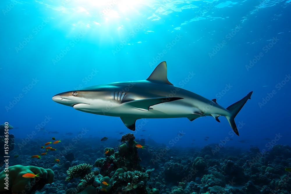 Fototapeta premium Majestic Grey Reef Shark Gliding Through Clear Tropical Ocean Waters Above Vibrant Coral Reef