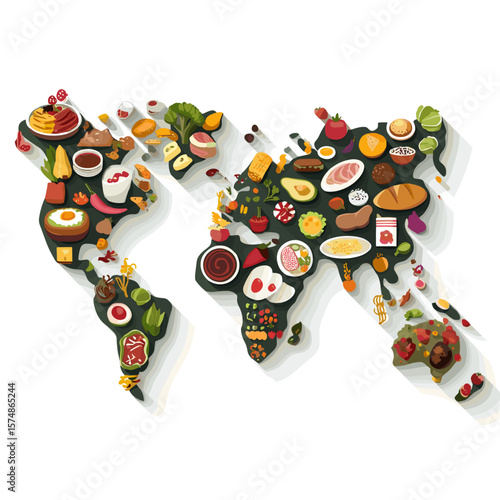 A flat lay image of a world map made out of various food items representing global cuisine and a diverse range of culinary dishes.