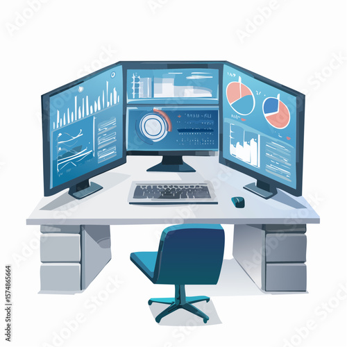 Modern Office Desk with Triple Monitors Displaying Data Analysis Charts