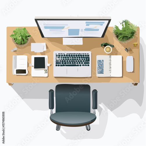 Overhead View of a Modern Workspace with Computer Plants and Chair