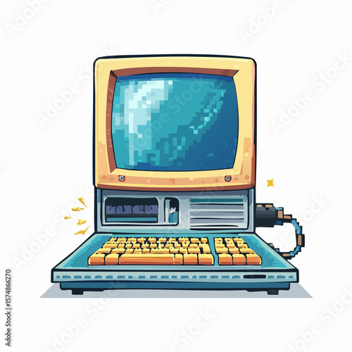 Retro Pixelated Computer with Vintage Keyboard