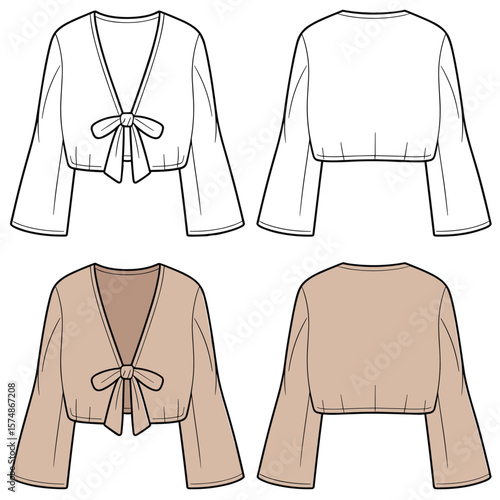 Women's Fashionable Cropped Bolero Jacket Design Template, Front Tie Bow Closure with V-Neckline, Flared Sleeves, White and Beige Color Options, Stylish Apparel Mockup, Modern Ladies, Trendy Look.