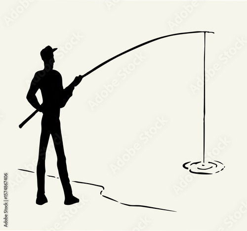 Vector drawing. Man catching fish