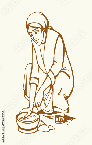 Vector illustration. Woman picks up stones