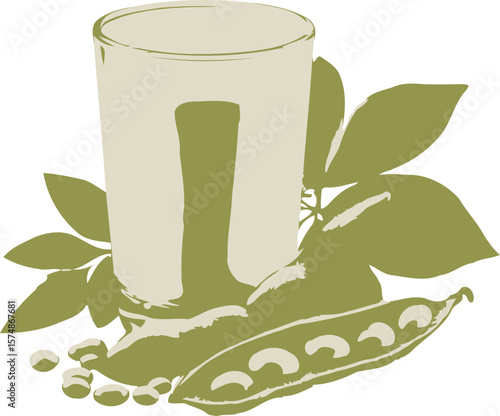 Glass of soy milk with soybeans green soybean pod and leaves illustration on white background vector