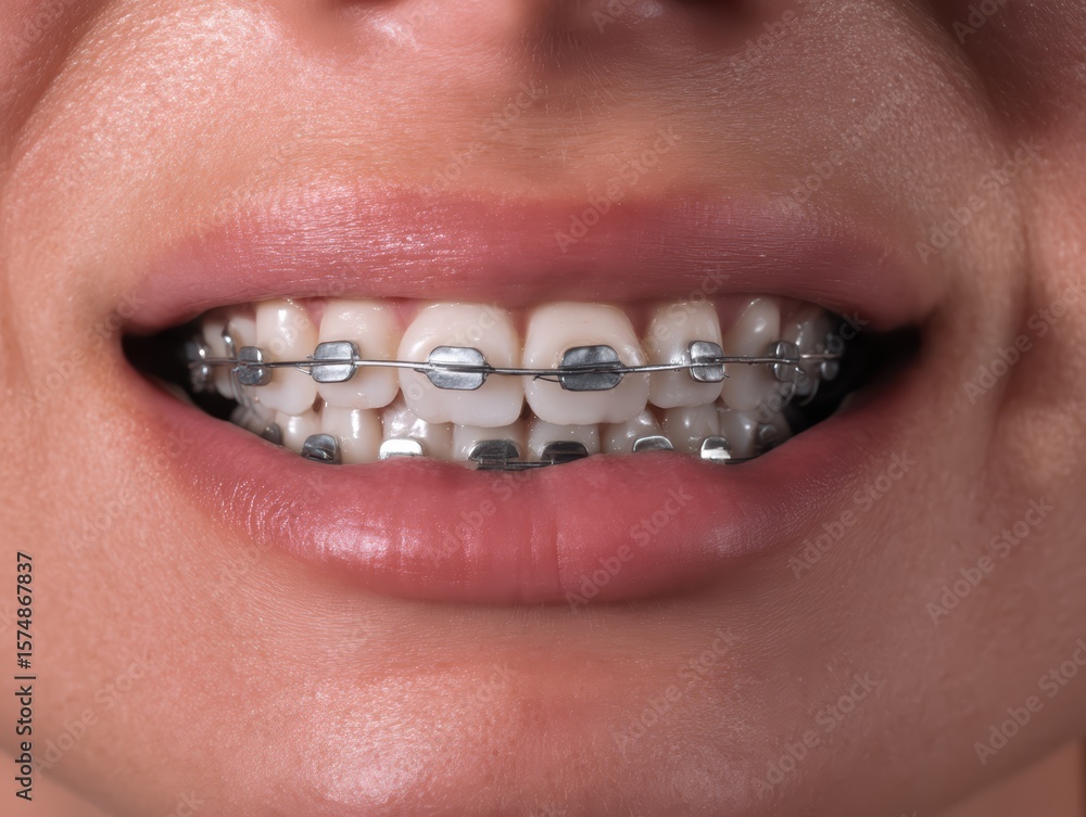 Obraz premium Cropped portrait of young woman smiling with dental braces showing natural beauty and healthy teeth orthodontic treatment concept for dental care hygiene medicine and modern healthcare promotion