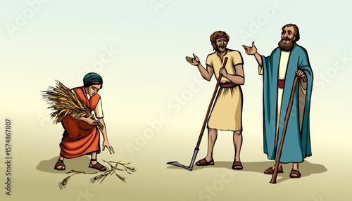 Vector drawing. Ruth and Boaz in the field