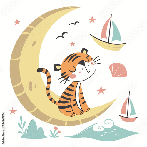 Bashful Tiger with sitting on a moon, set in a charming Beach day theme – Ocean Breeze color vector art