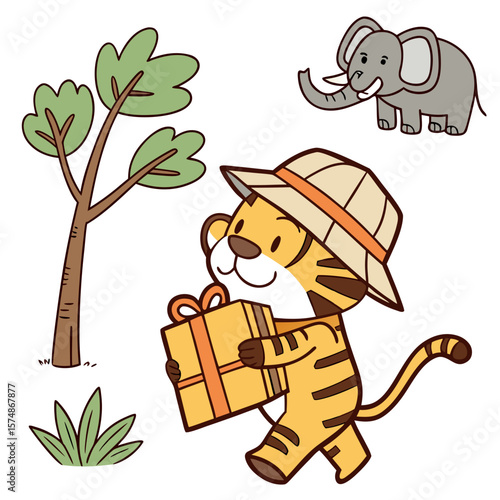 Playful Bashful Tiger design, styled with carrying a gift box and Savannah Heat shades in a Safari Adventure setting