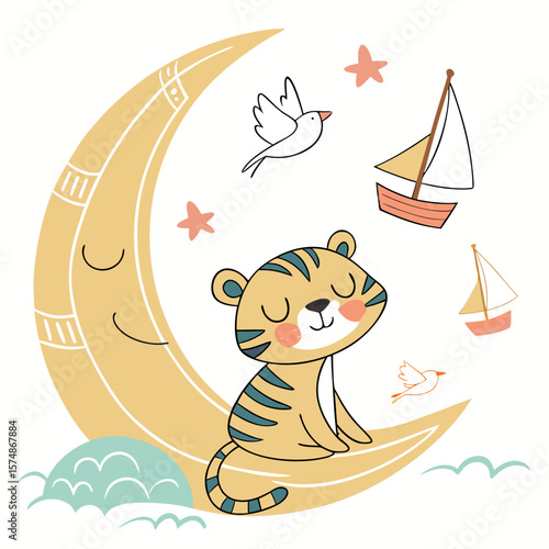 Bashful Tiger with sitting on a moon, set in a charming Beach day theme – Ocean Breeze color vector art