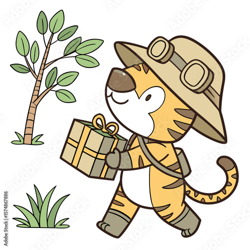 Playful Bashful Tiger design, styled with carrying a gift box and Savannah Heat shades in a Safari Adventure setting