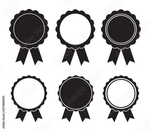 Award Ribbon Badge Vector Icons Set for Certificates and Achievement Design Elements, Premium medal and ranking vector icons set in black color.