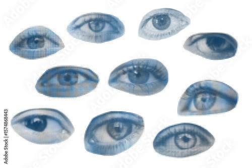 Retro halftone collage eye for use in mixed media designs. Dotted pop art style open human eye with half-tone texture. Illustration of vintage grunge punk crazy art stencils. 