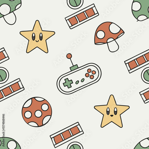 A seamless pattern with kawaii game icons like stars, mushrooms, controllers, and batteries. Perfect for gaming merchandise, children’s projects, and geeky decor.