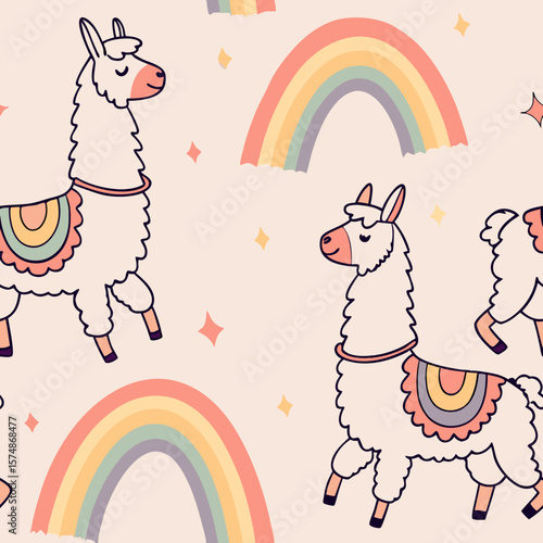 A charming seamless pattern with cute llamas and pastel rainbows. Excellent for nursery decor, children’s textiles, party invitations, and whimsical backgrounds.