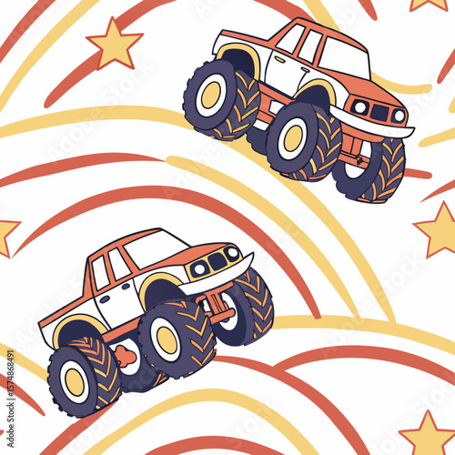 Bold seamless pattern with monster trucks, stars, and rainbow arcs in vibrant orange and yellow. Great for boys’ rooms, party supplies, and apparel.
