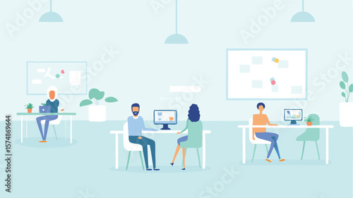 People working at desks in a modern office space with computers and plants in a light blue setting