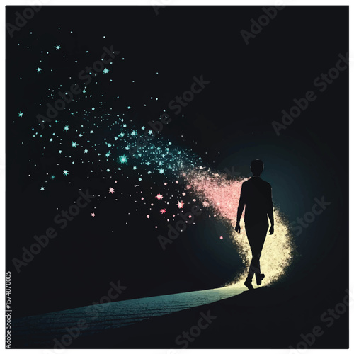 Ethereal Silhouette of a Person Disintegrating into Light Particles against Black Backdrop
