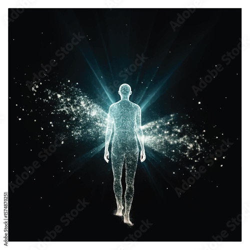 Ethereal Silhouette of a Person Disintegrating into Light Particles against Black Backdrop