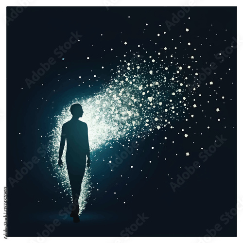 Ethereal Silhouette of a Person Disintegrating into Light Particles against Black Backdrop
