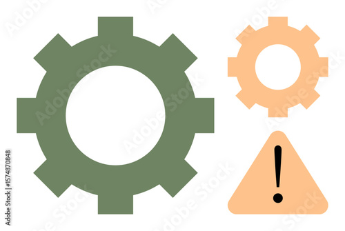 Two gears of differing sizes highlight teamwork a warning triangle suggests caution, system error, or attention needed. Ideal for process, teamwork, caution, alert, failure, planning system