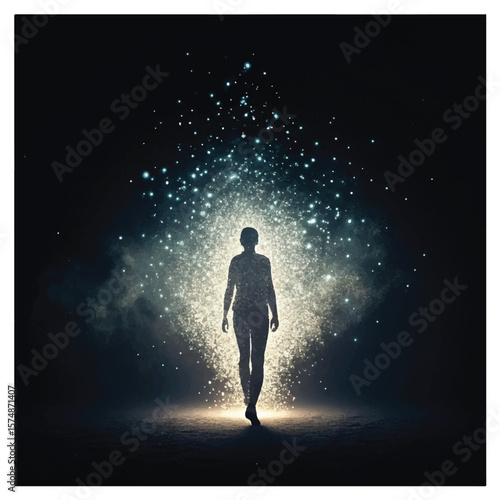 Ethereal Silhouette of a Person Disintegrating into Light Particles against Black Backdrop
