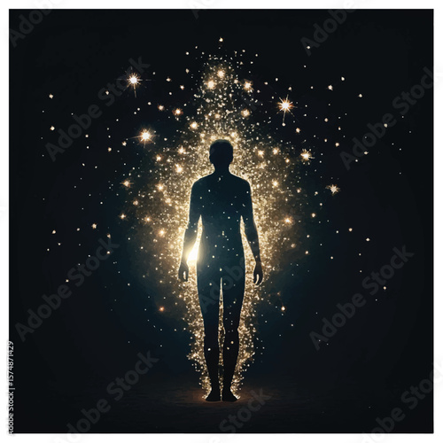 Ethereal Silhouette of a Person Disintegrating into Light Particles against Black Backdrop