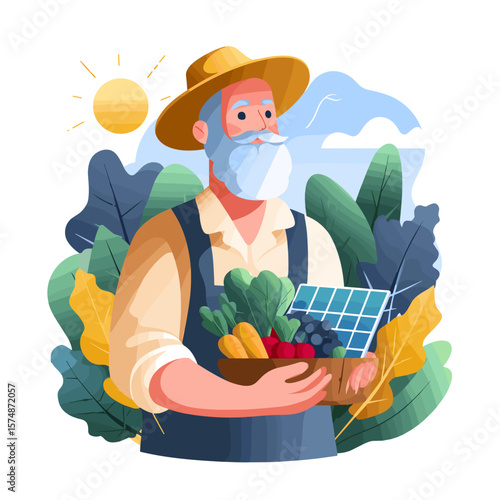An elderly farmer holding a basket of fresh produce and a solar panel, amidst a vibrant, stylized garden. Focus on sustainability.