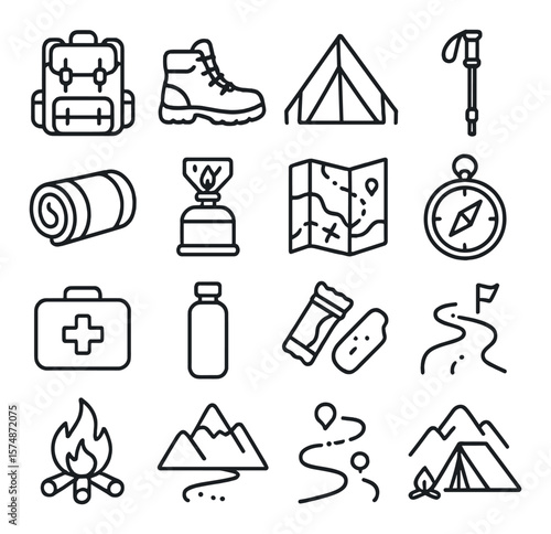 Backpacking essentials collection, camping and outdoor gear symbols. hiking adventure set
