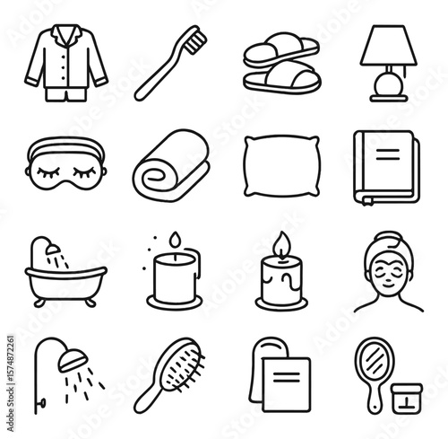 Evening routine collection, bedtime and relaxation icons. nighttime self-care set